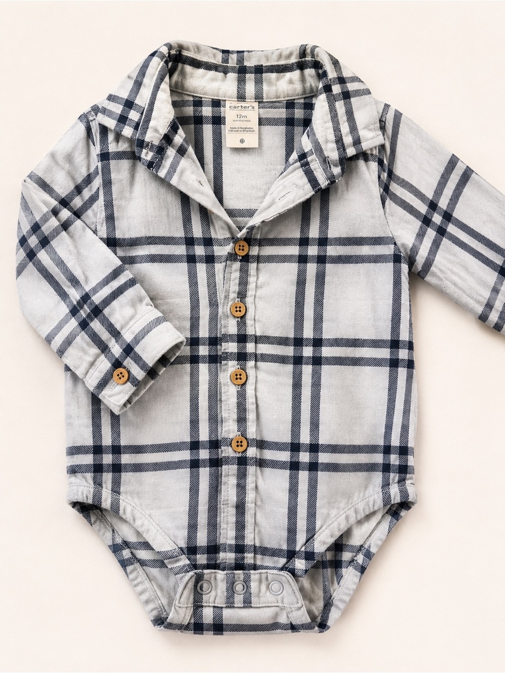 Carter's Navy and White Plaid Long-Sleeve One-Piece Bodysuit
